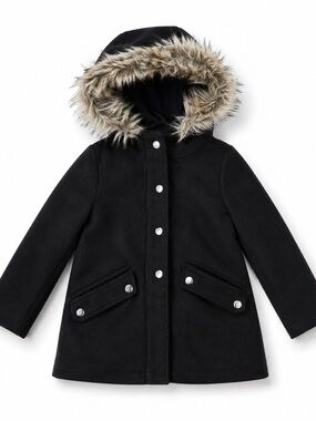 Zara Girls Black Hooded Coat Faux Fur Trim Snap Front Pockets Winter Jacket